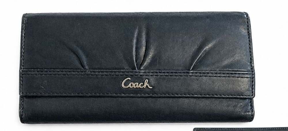 Coach Black Leather Pleated Front Flap Long Wallet